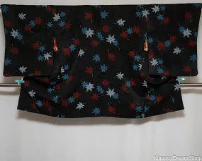 Blue and Red Maple Leaves on Black Haori - Vintage Silk Kimono Jacket - Autumn Colors Haori