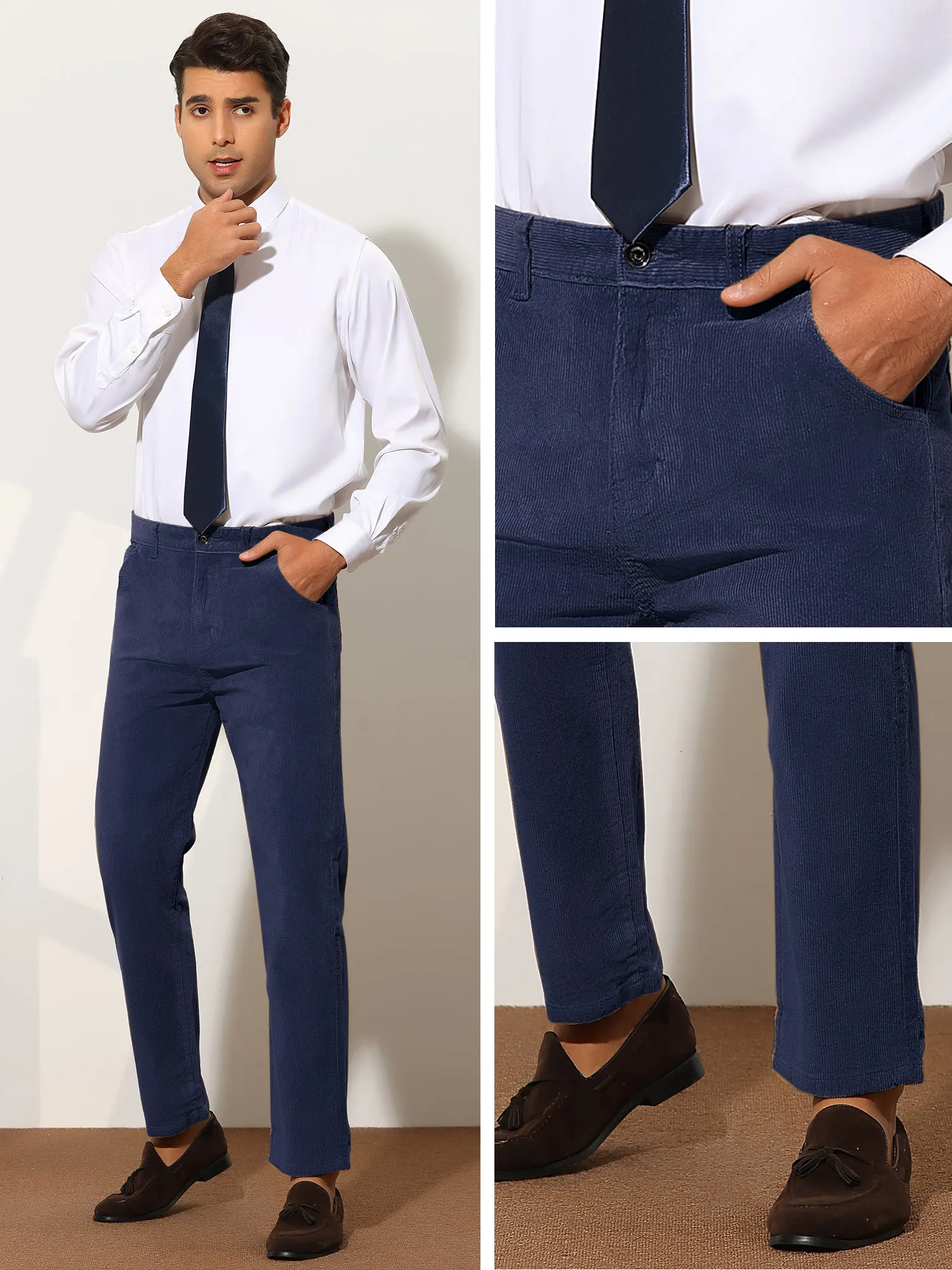 Corduroy Dress Pants for Men's Straight Fit Flat Front Work Office Trousers