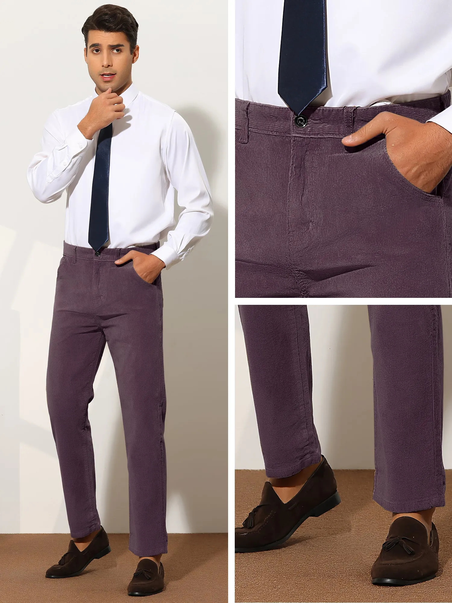 Corduroy Dress Pants for Men's Straight Fit Flat Front Work Office Trousers