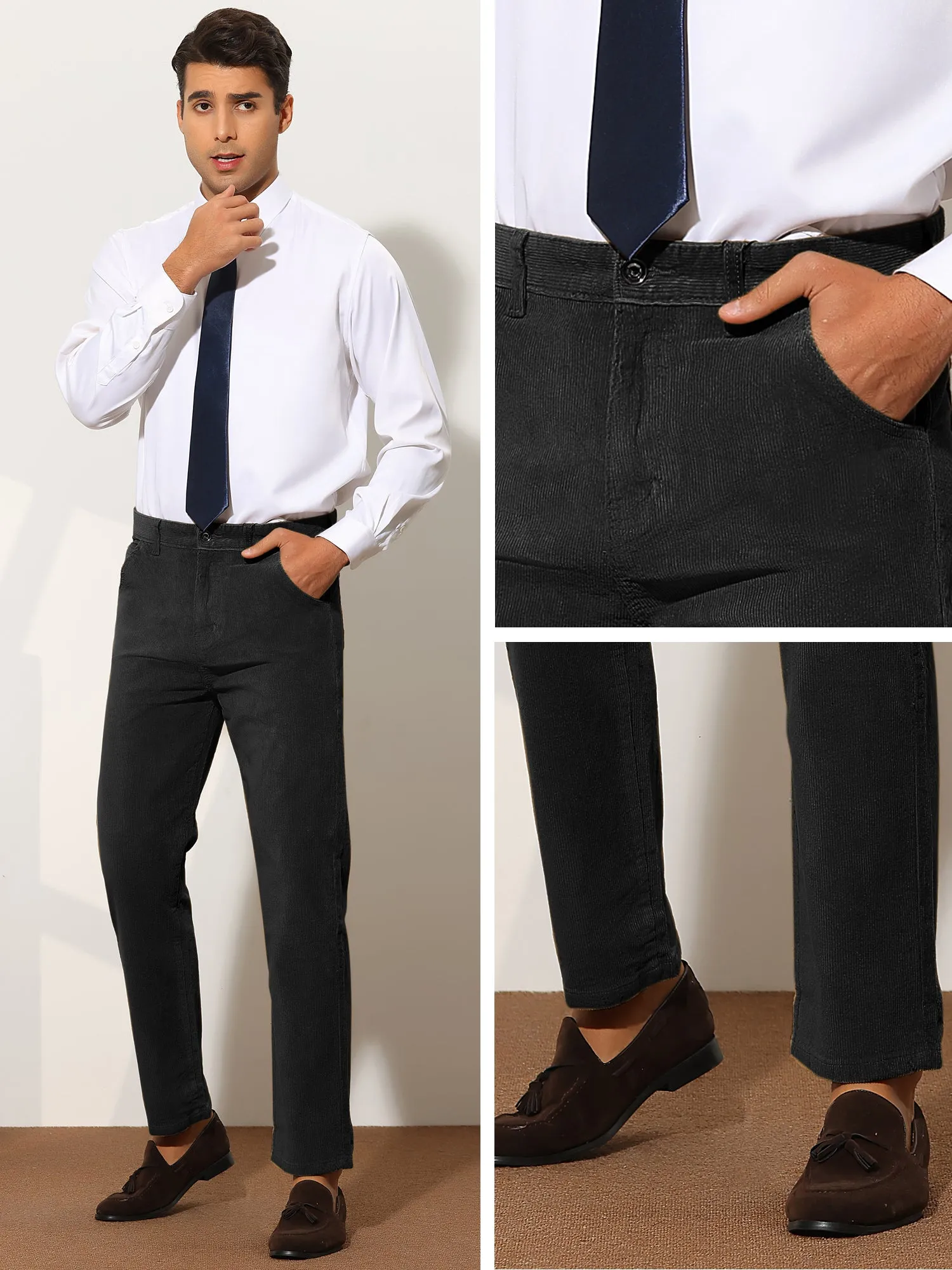 Corduroy Dress Pants for Men's Straight Fit Flat Front Work Office Trousers