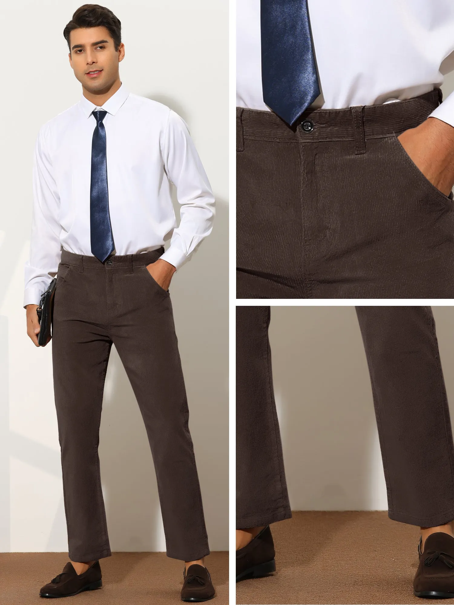 Corduroy Dress Pants for Men's Straight Fit Flat Front Work Office Trousers