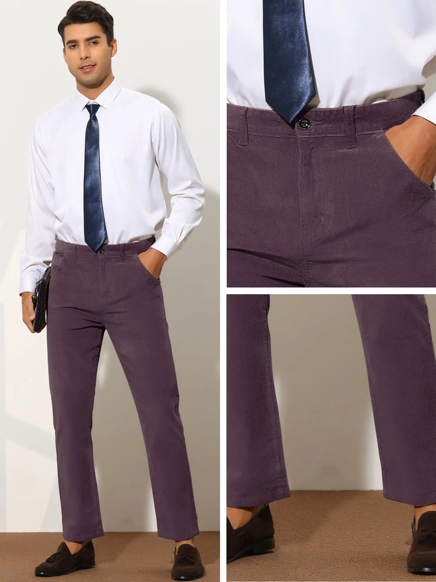 Corduroy Dress Pants for Men's Straight Fit Flat Front Work Office Trousers