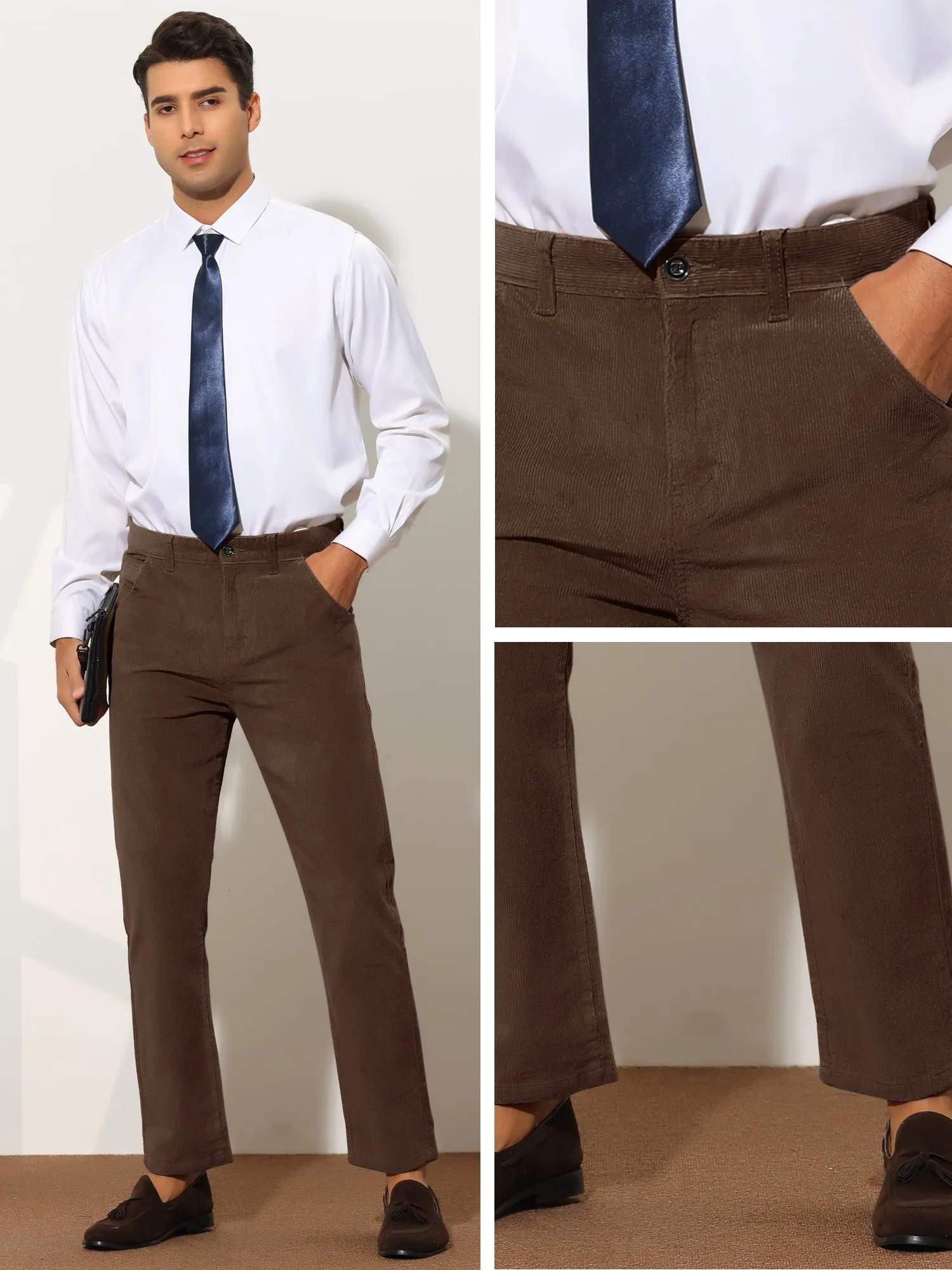 Corduroy Dress Pants for Men's Straight Fit Flat Front Work Office Trousers