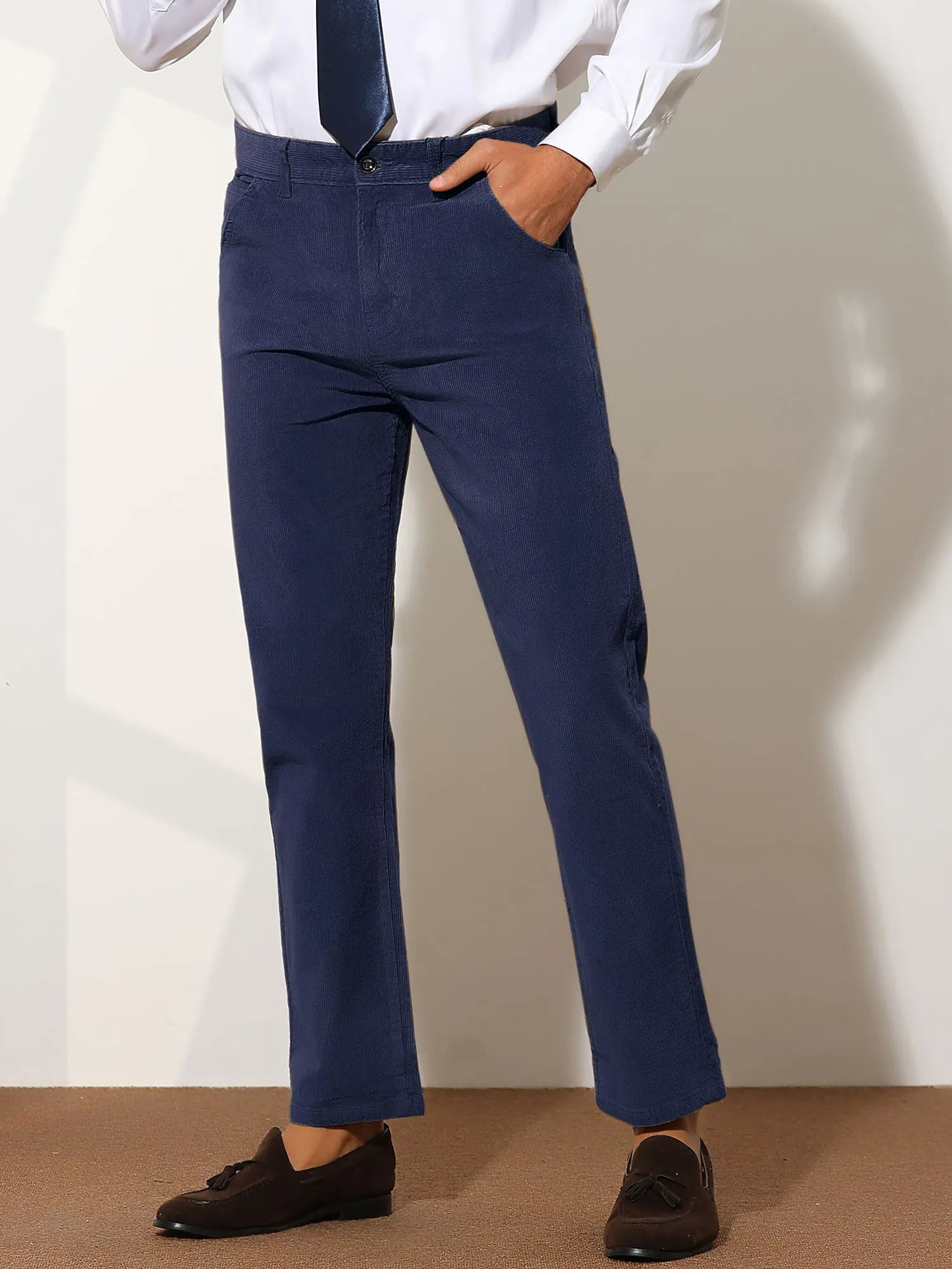 Corduroy Dress Pants for Men's Straight Fit Flat Front Work Office Trousers