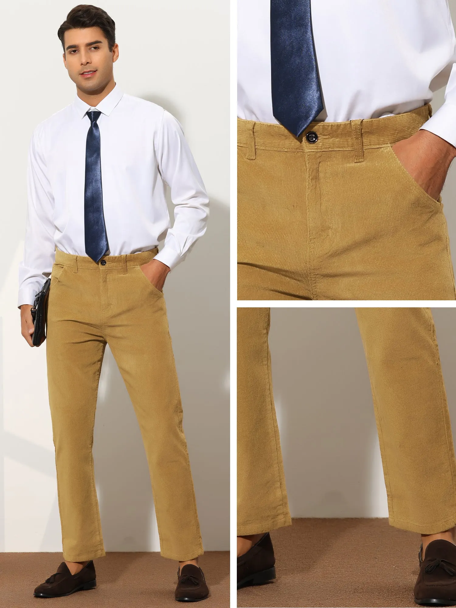 Corduroy Dress Pants for Men's Straight Fit Flat Front Work Office Trousers