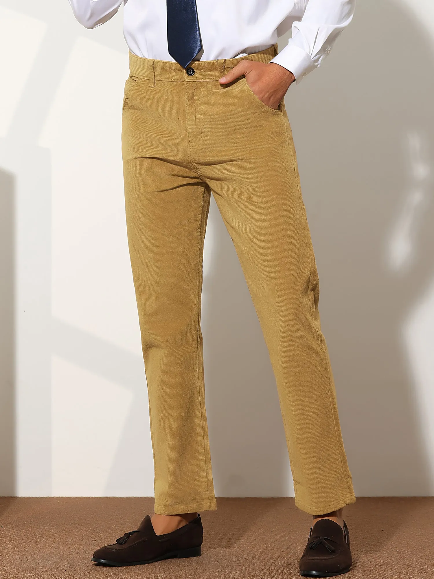 Corduroy Dress Pants for Men's Straight Fit Flat Front Work Office Trousers