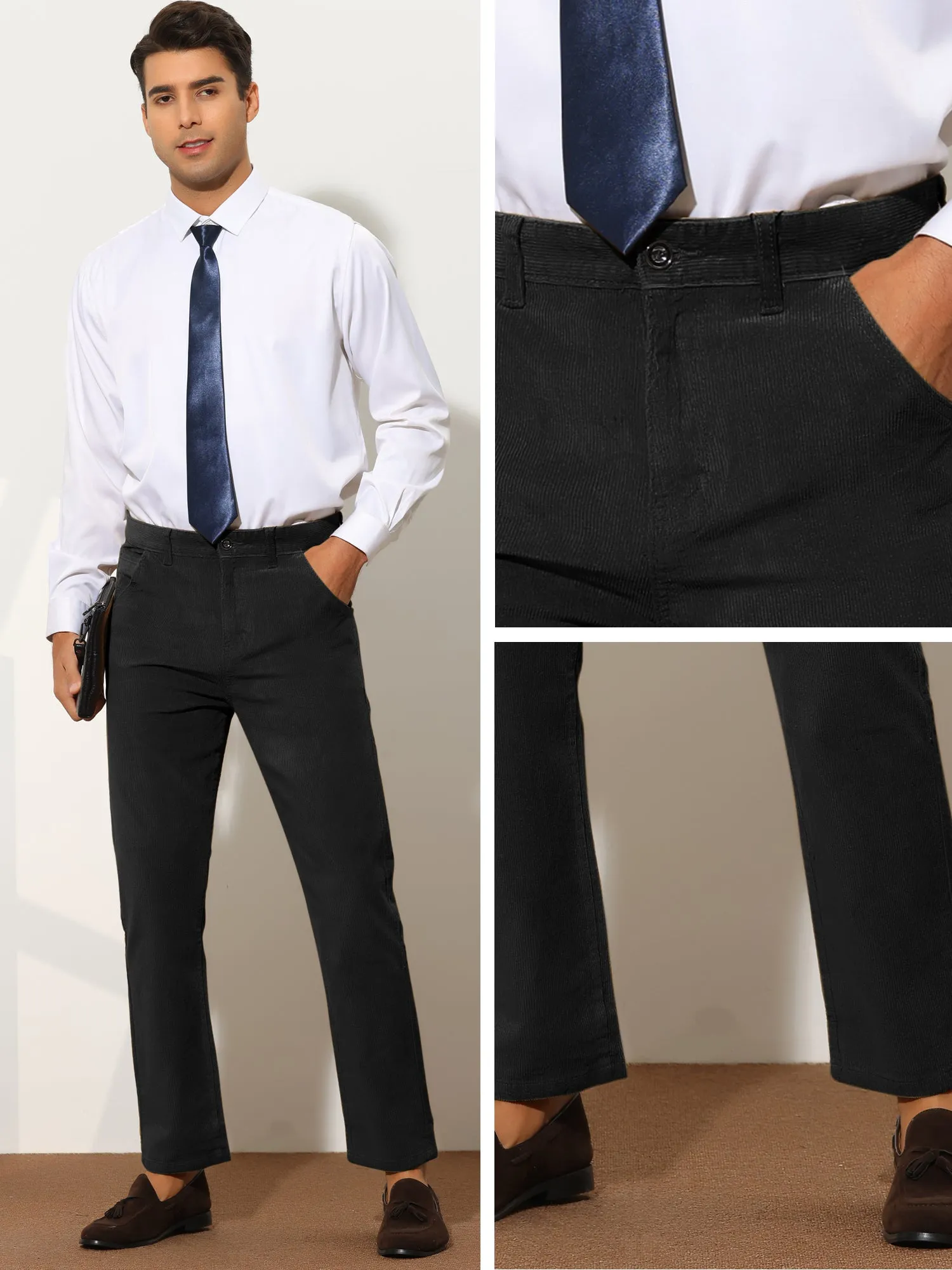 Corduroy Dress Pants for Men's Straight Fit Flat Front Work Office Trousers