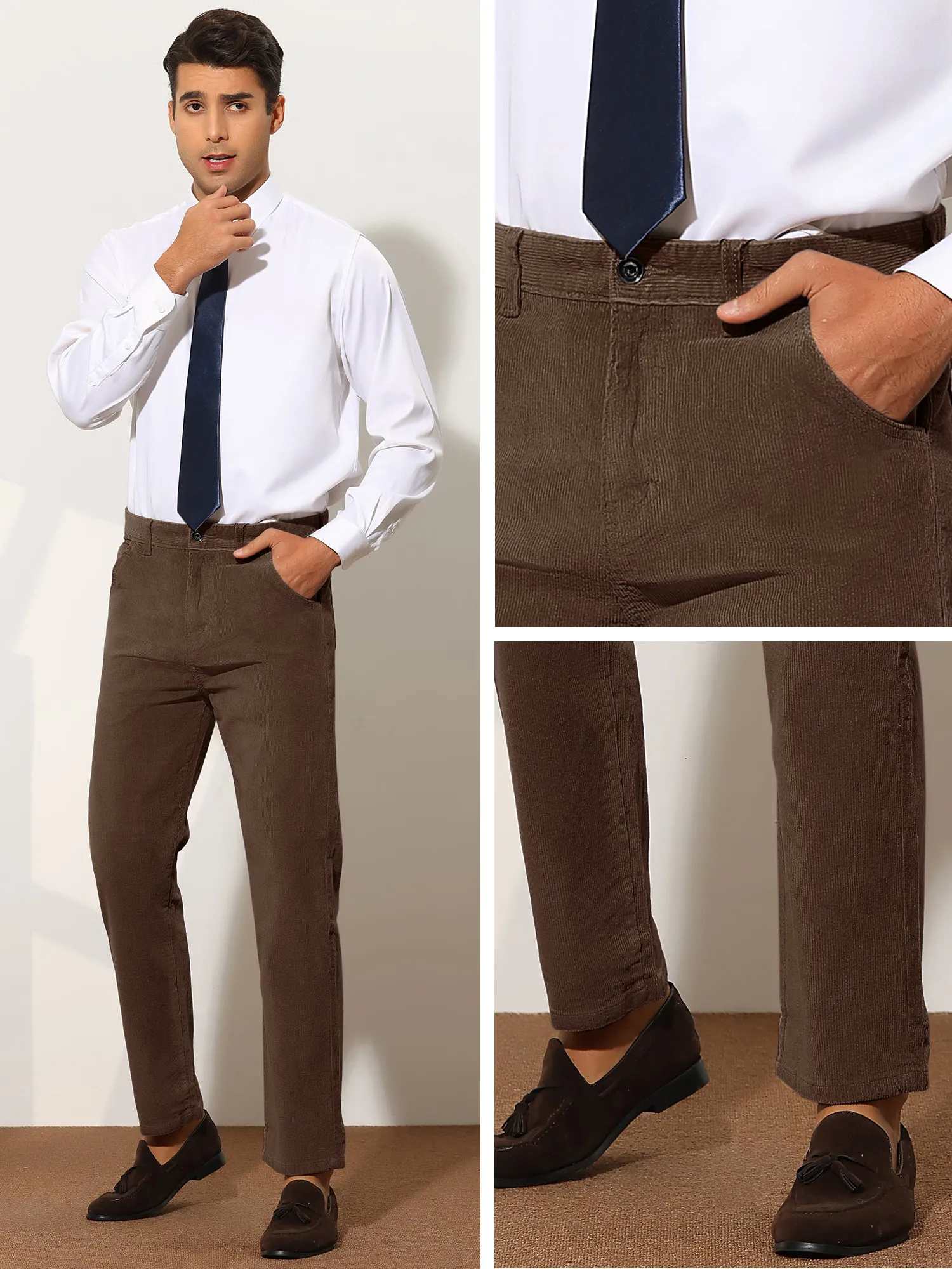Corduroy Dress Pants for Men's Straight Fit Flat Front Work Office Trousers