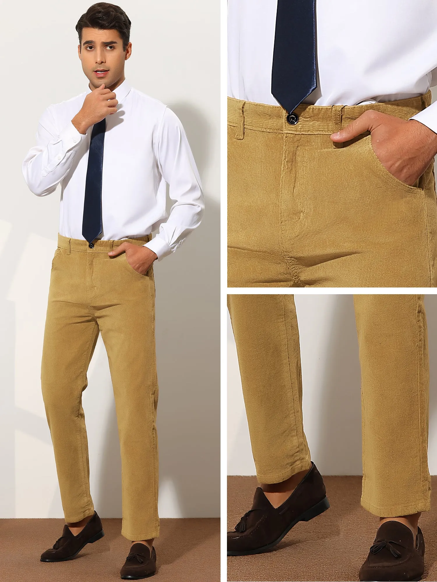 Corduroy Dress Pants for Men's Straight Fit Flat Front Work Office Trousers