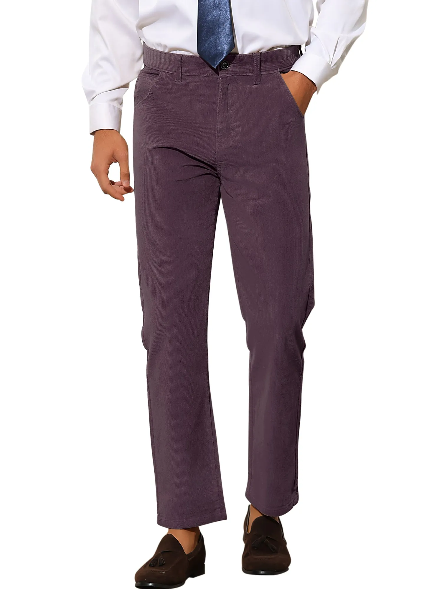 Corduroy Dress Pants for Men's Straight Fit Flat Front Work Office Trousers