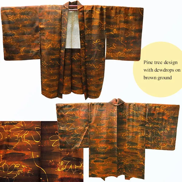 Gender-Neutral Vintage Haori Jacket ,Pine tree design with dewdrops on brown ground.