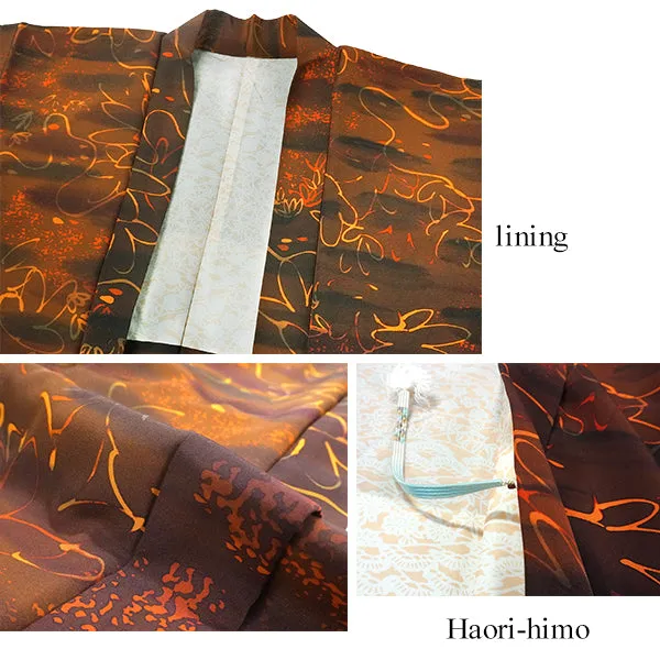 Gender-Neutral Vintage Haori Jacket ,Pine tree design with dewdrops on brown ground.