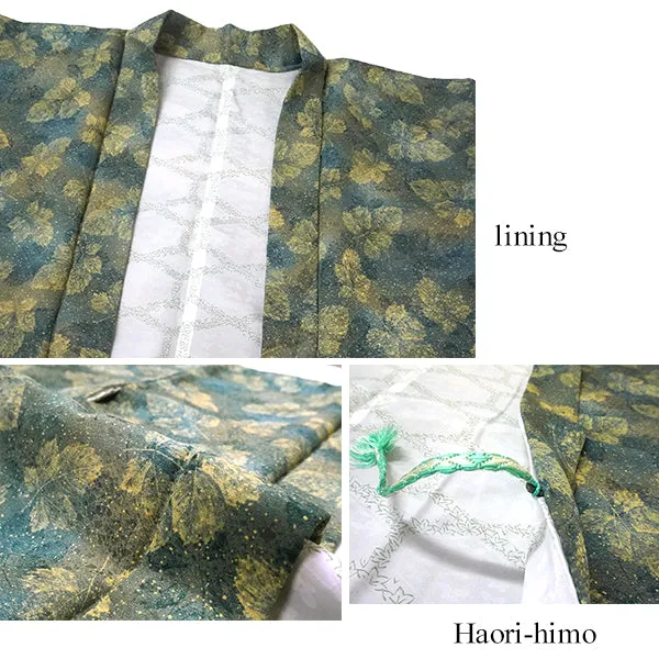 Gender-Neutral Vintage Haori Jacket ,Transparent blue ground with hail and yellow leaves.