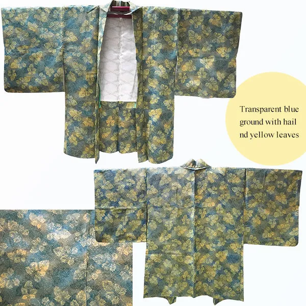 Gender-Neutral Vintage Haori Jacket ,Transparent blue ground with hail and yellow leaves.