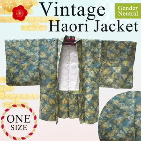 Gender-Neutral Vintage Haori Jacket ,Transparent blue ground with hail and yellow leaves.