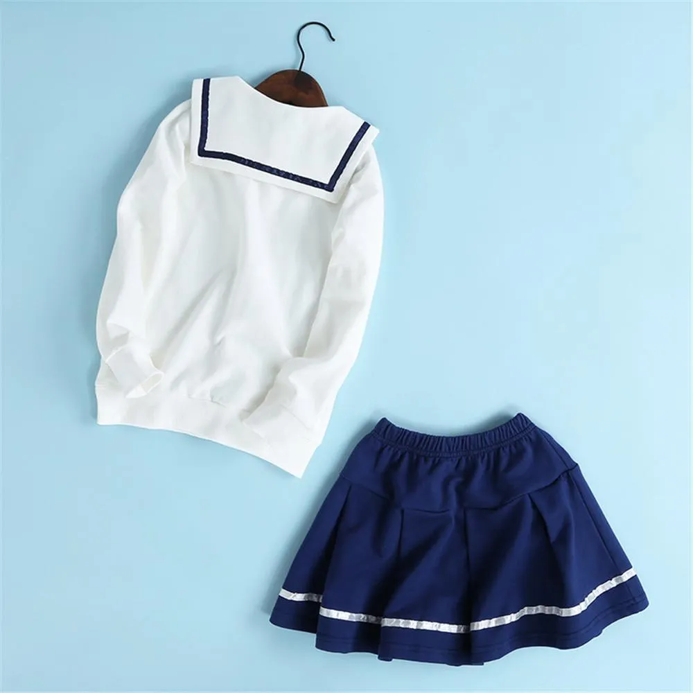 Girls Navy Collar Top & Pleated Skirt