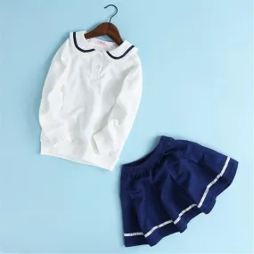 Girls Navy Collar Top & Pleated Skirt