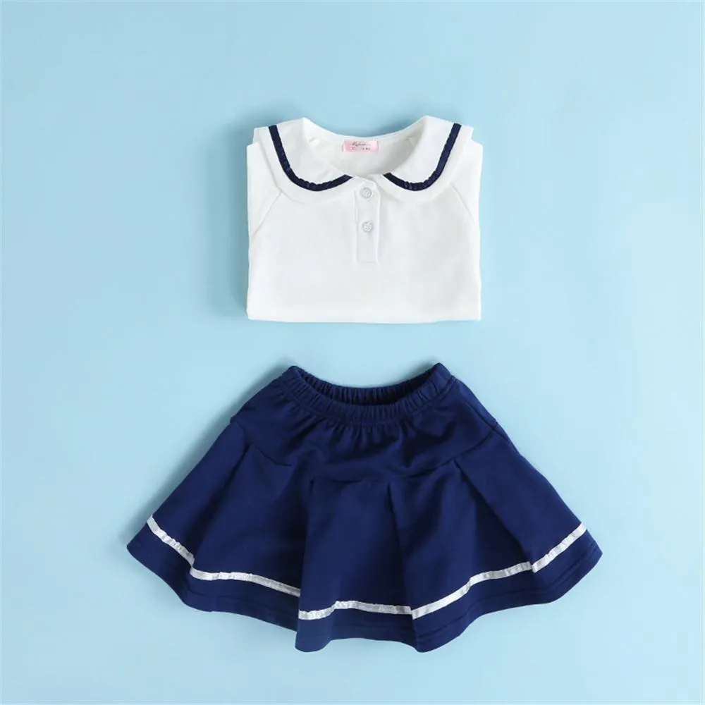 Girls Navy Collar Top & Pleated Skirt