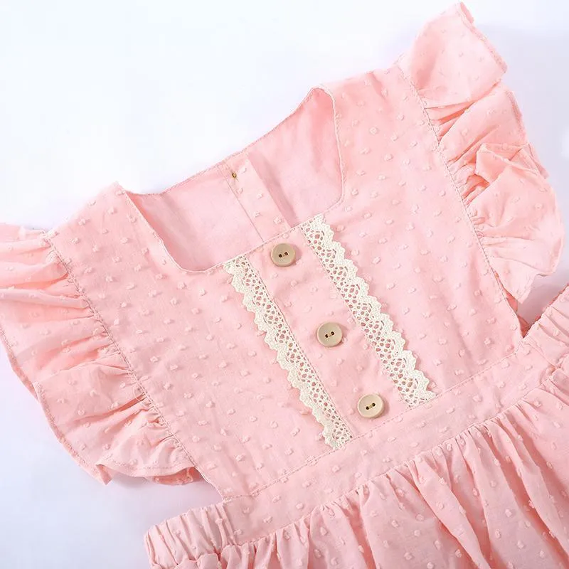 Girls Pure Cotton Pleated Skirt Solid Color Fly Sleeve Princess Dress