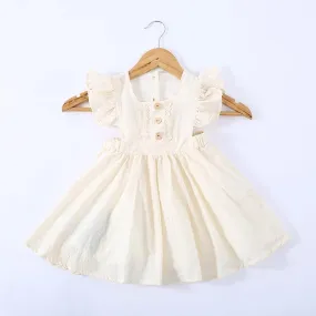 Girls Pure Cotton Pleated Skirt Solid Color Fly Sleeve Princess Dress