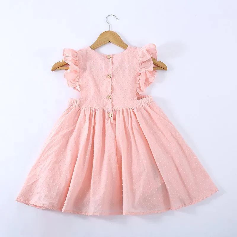 Girls Pure Cotton Pleated Skirt Solid Color Fly Sleeve Princess Dress
