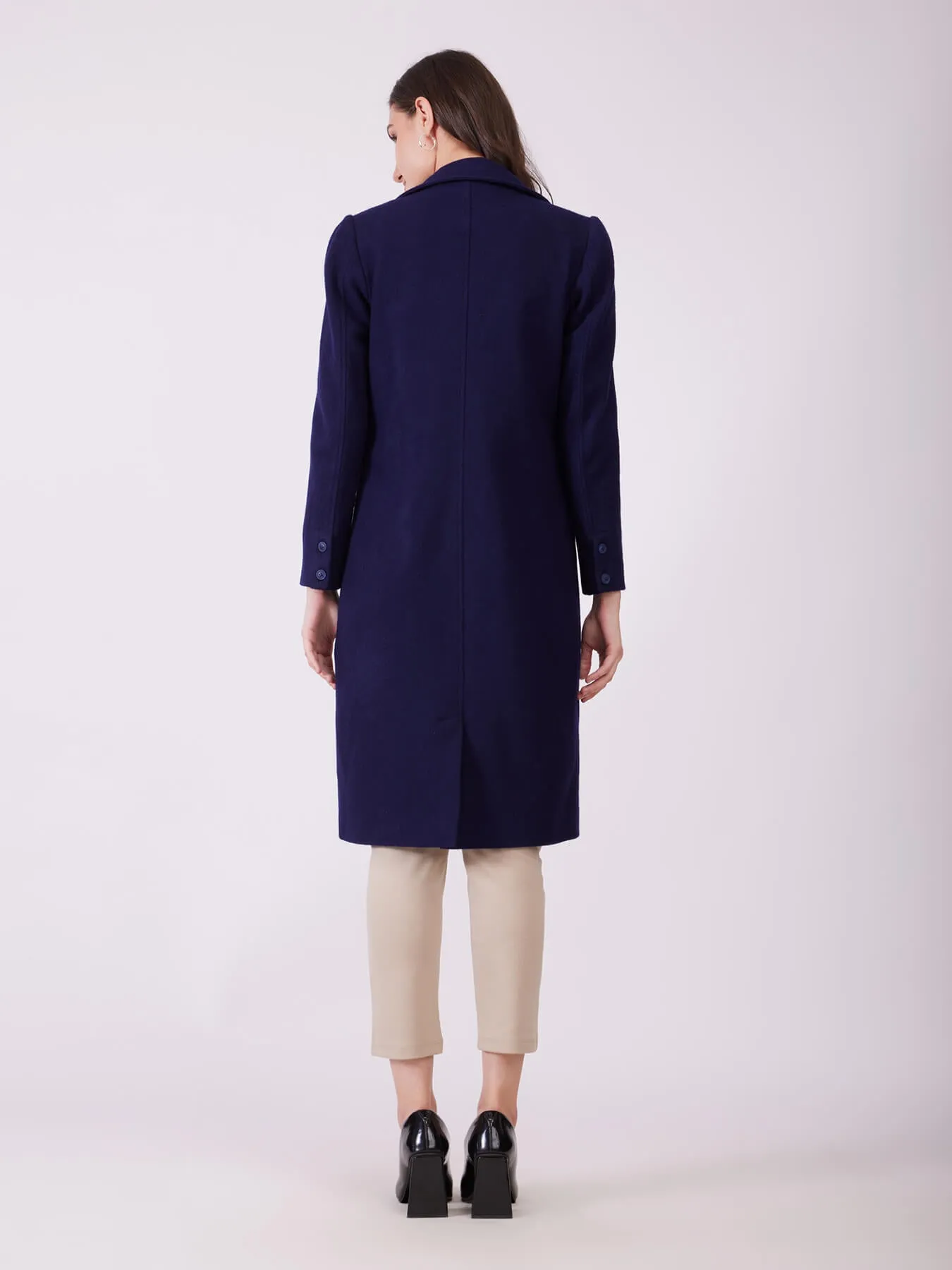 Long Felted Lined Overcoat - Navy