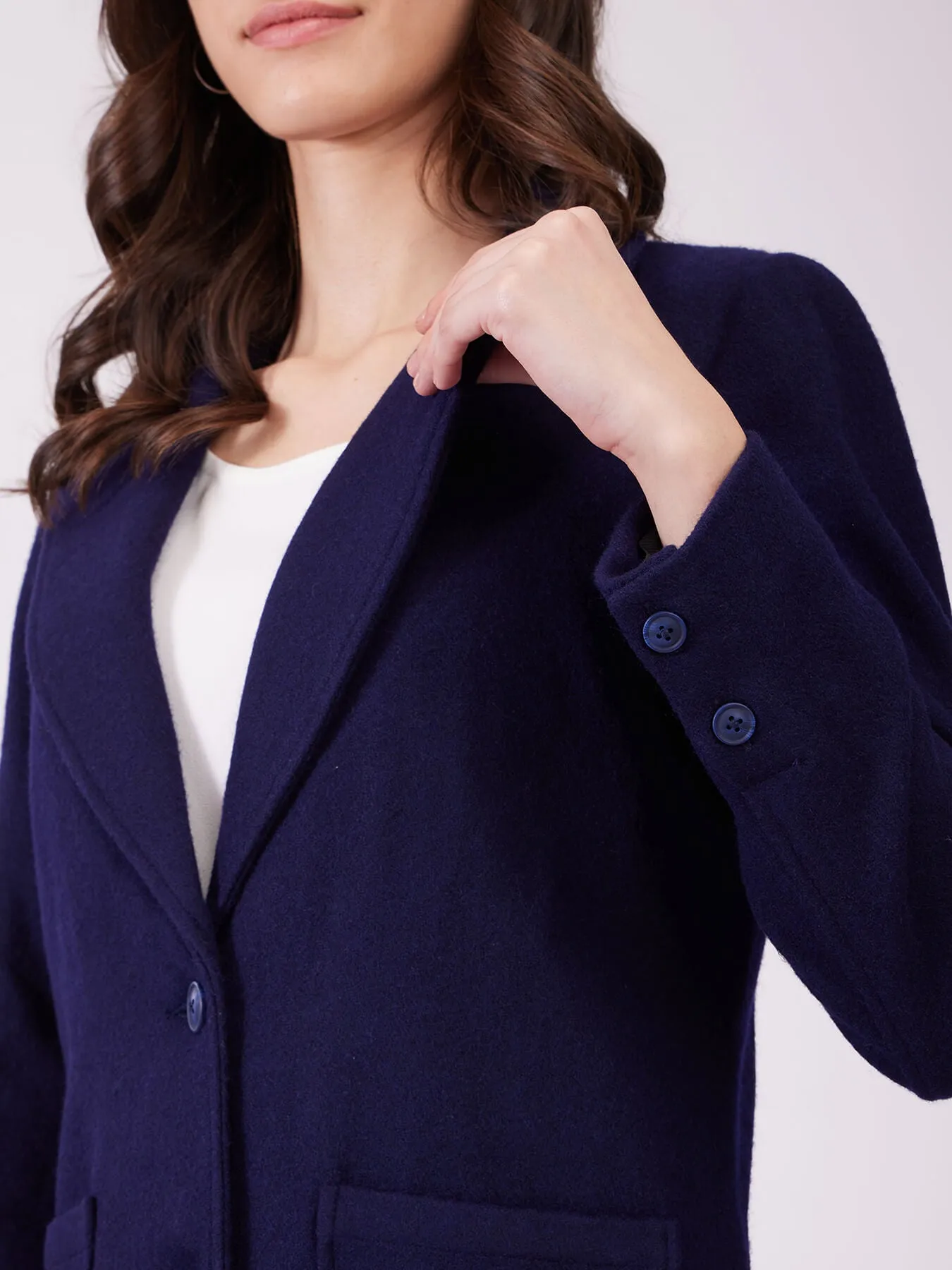 Long Felted Lined Overcoat - Navy