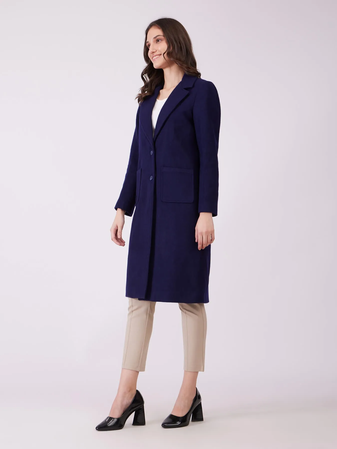 Long Felted Lined Overcoat - Navy