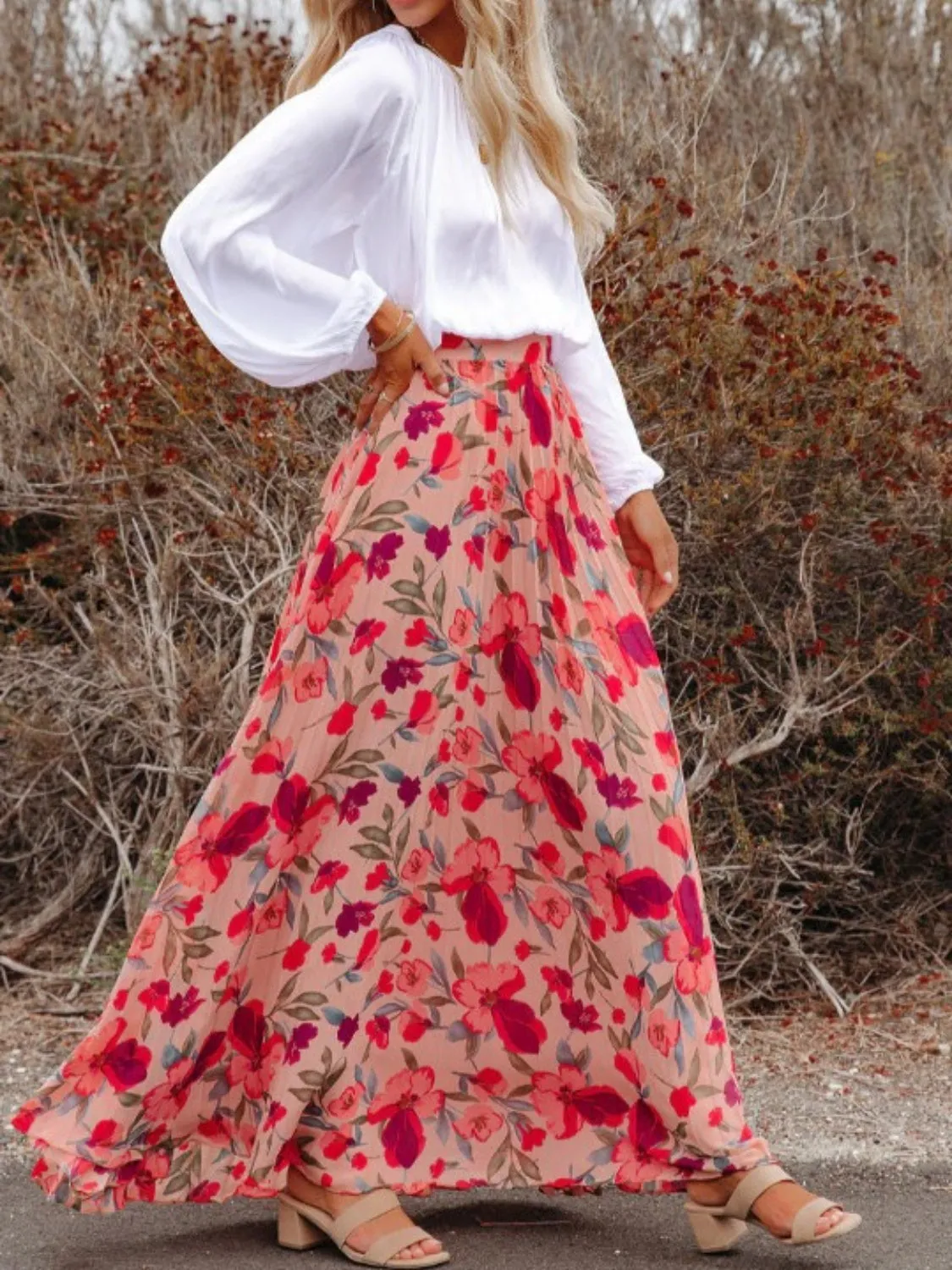 Printed Pleated Maxi Skirt