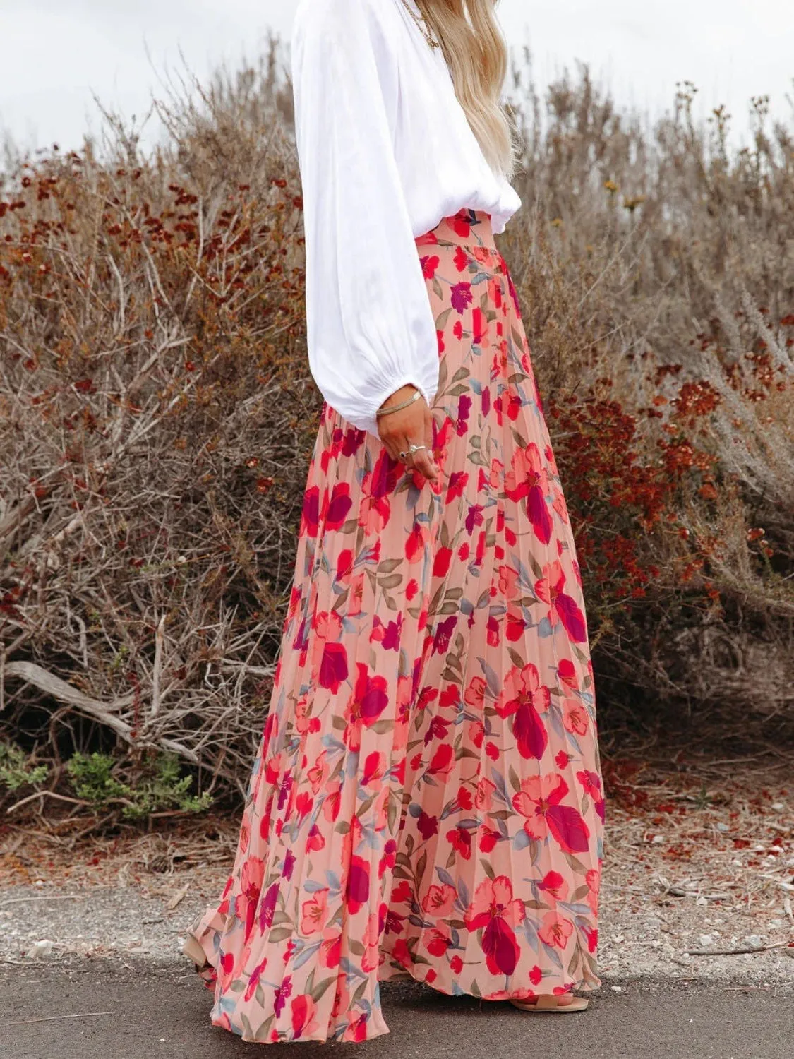 Printed Pleated Maxi Skirt