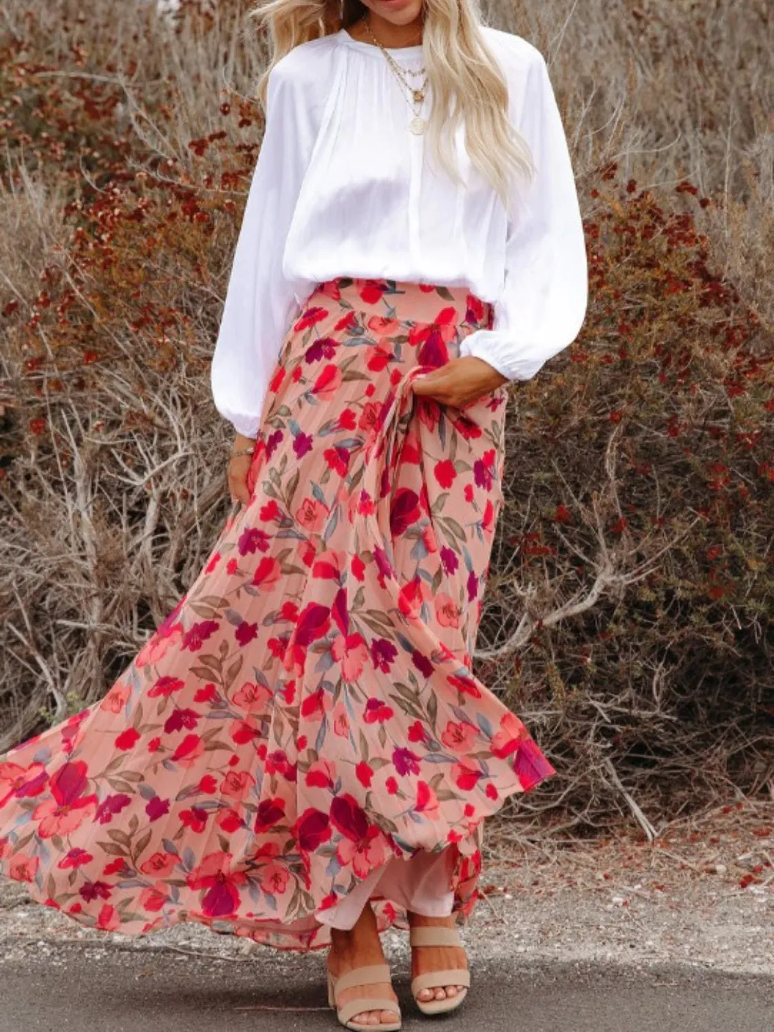Printed Pleated Maxi Skirt