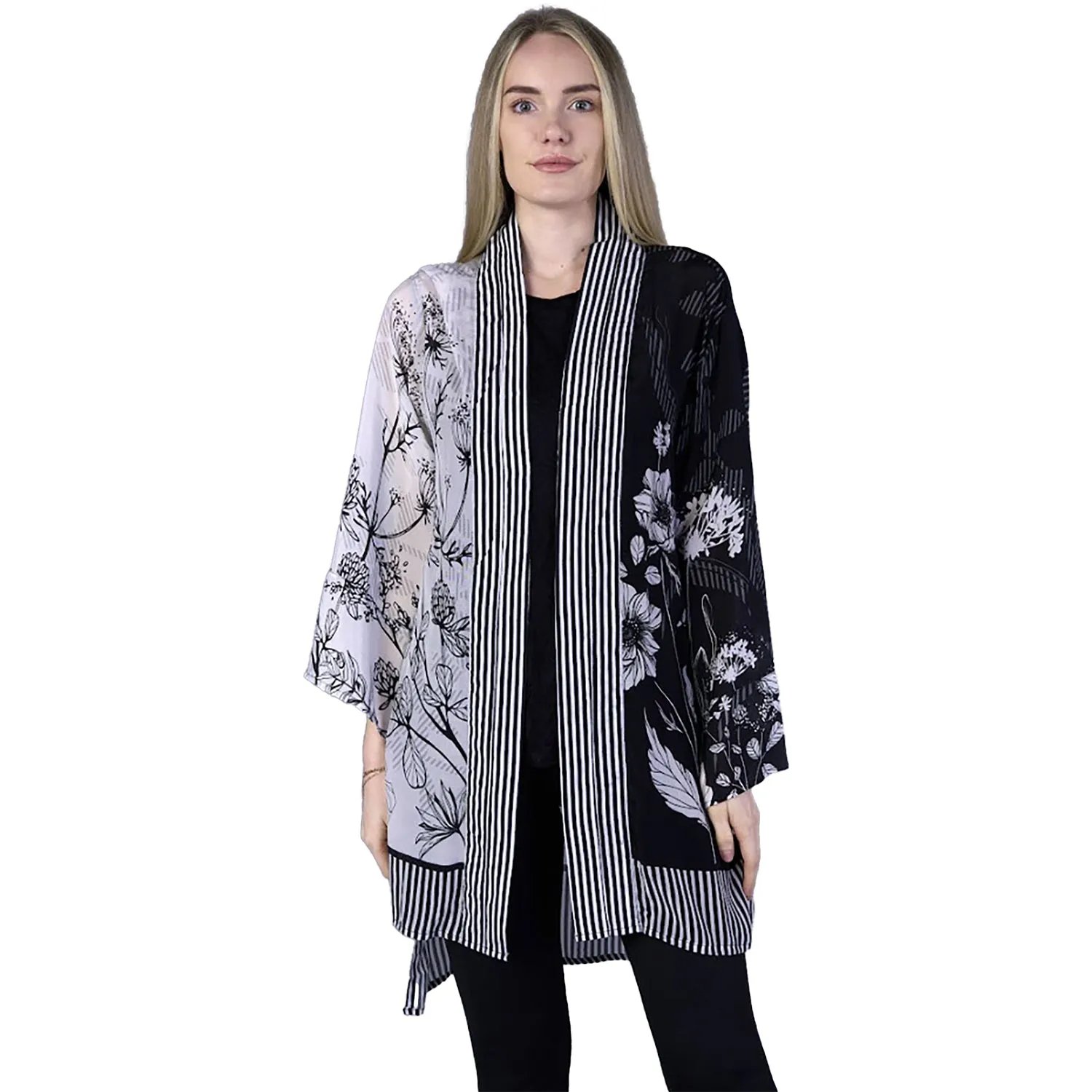 Women's Shana Apparel Kimono Jacket Blk/White Stripes/Floral