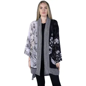Women's Shana Apparel Kimono Jacket Blk/White Stripes/Floral