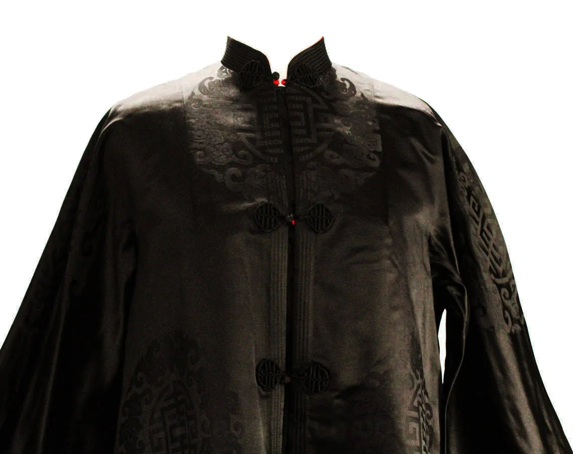 XL 1950s Evening Coat - Size 18 Asian Silk Satin Bats Brocade - 50s Reversible Black & Red Gold Formal Overcoat - Far East Sublime Quality