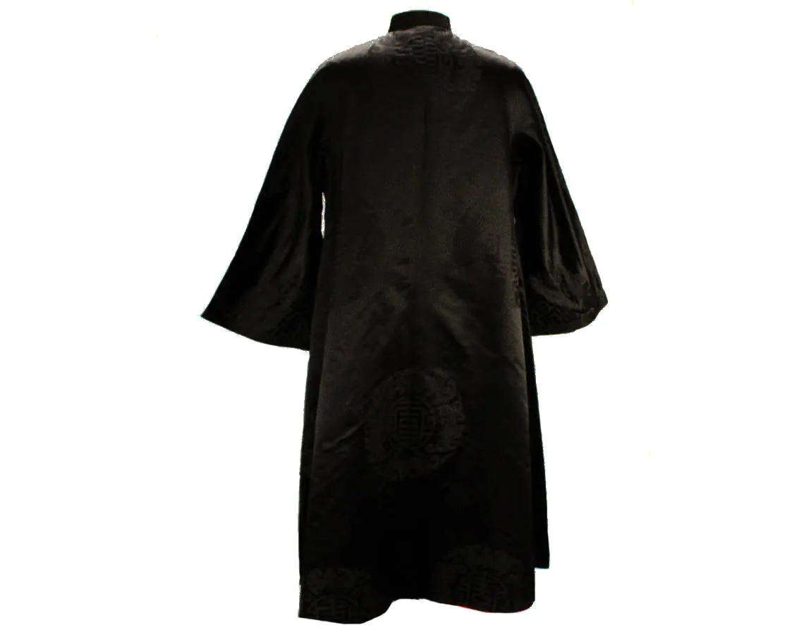 XL 1950s Evening Coat - Size 18 Asian Silk Satin Bats Brocade - 50s Reversible Black & Red Gold Formal Overcoat - Far East Sublime Quality