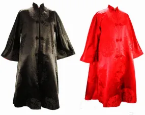 XL 1950s Evening Coat - Size 18 Asian Silk Satin Bats Brocade - 50s Reversible Black & Red Gold Formal Overcoat - Far East Sublime Quality