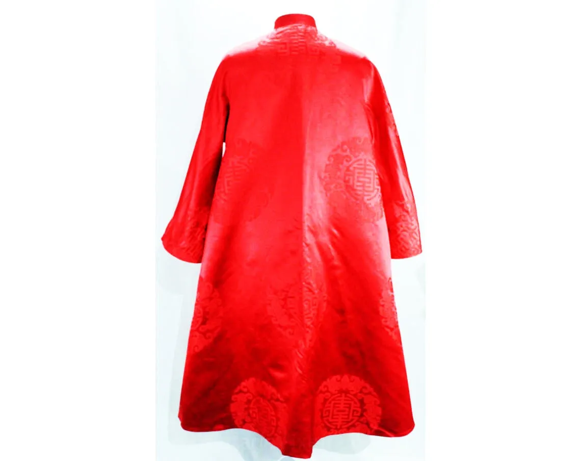 XL 1950s Evening Coat - Size 18 Asian Silk Satin Bats Brocade - 50s Reversible Black & Red Gold Formal Overcoat - Far East Sublime Quality