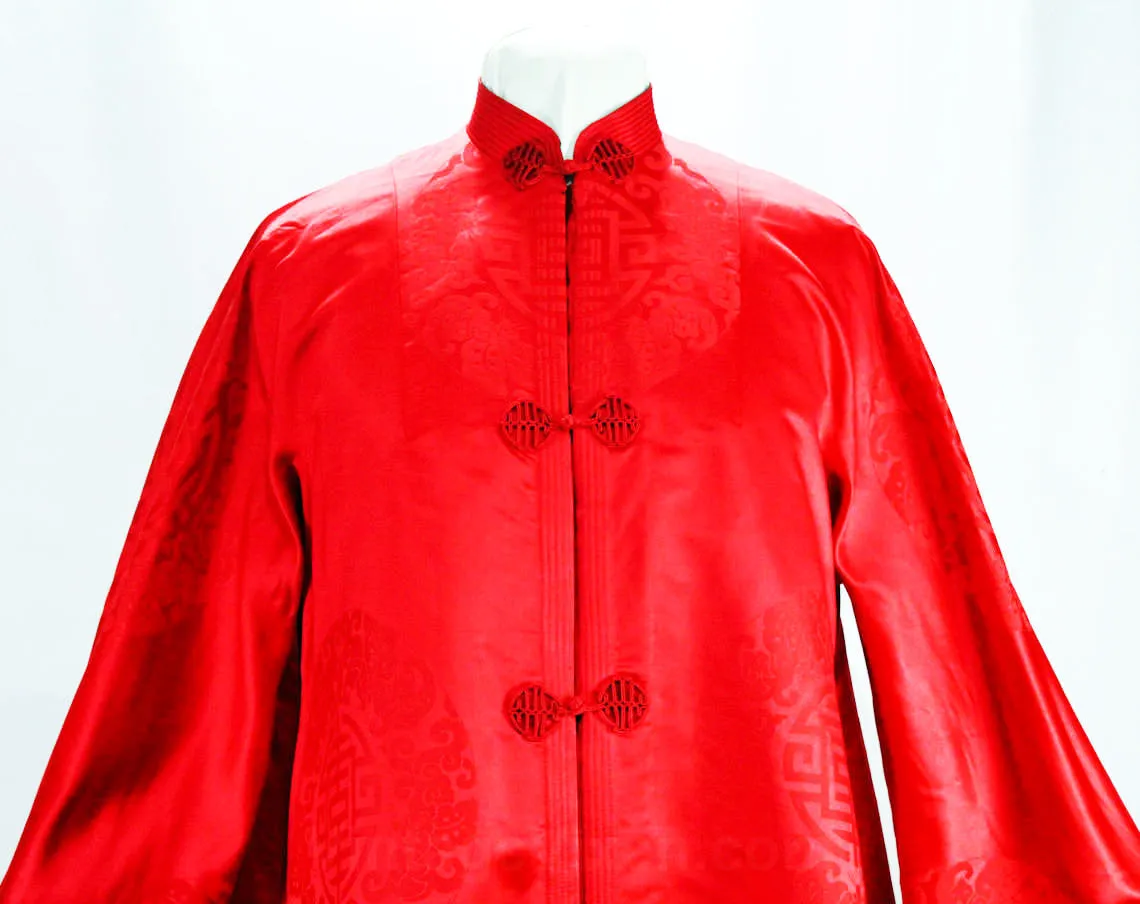 XL 1950s Evening Coat - Size 18 Asian Silk Satin Bats Brocade - 50s Reversible Black & Red Gold Formal Overcoat - Far East Sublime Quality
